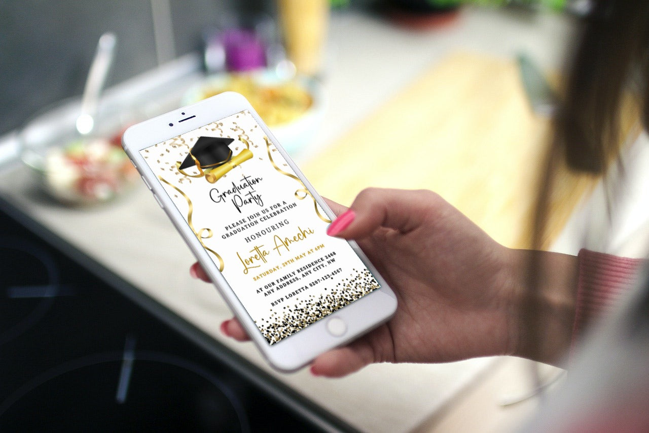 Hand holding a smartphone displaying a Gold & Black Digital Graduation Party Invitation with a graduation cap and diploma graphic, customizable via Canva.