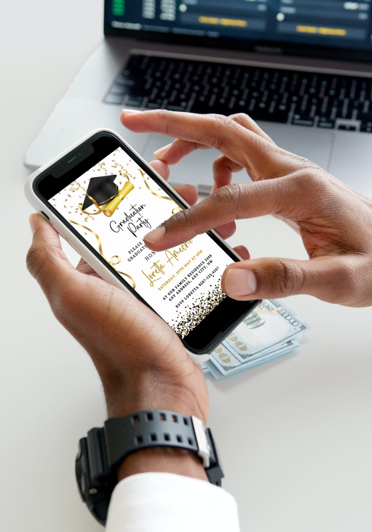 Person holding a smartphone displaying the Gold & Black Digital Graduation Party Invitation, a customizable video template from URCordiallyInvited for easy personalization and electronic sharing.