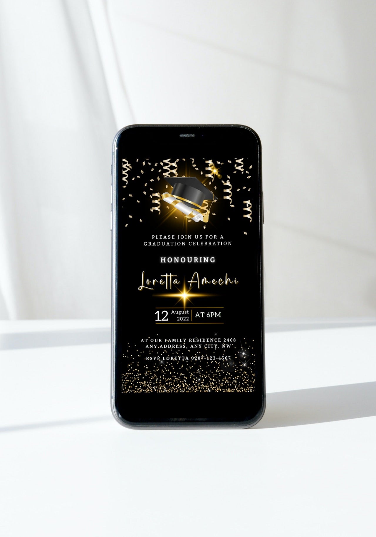 Black & Gold Graduation Invitation featuring a cap and diploma on a smartphone screen, showcasing a customizable template for digital sharing.