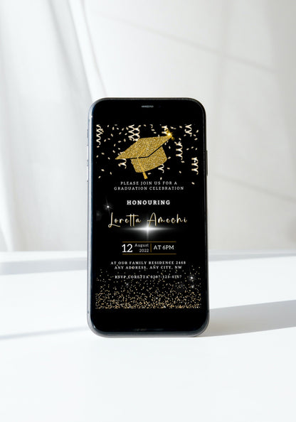 Black & Gold Graduation Invitation on phone screen, featuring a glittering cap and confetti design, customizable via Canva for digital sharing.