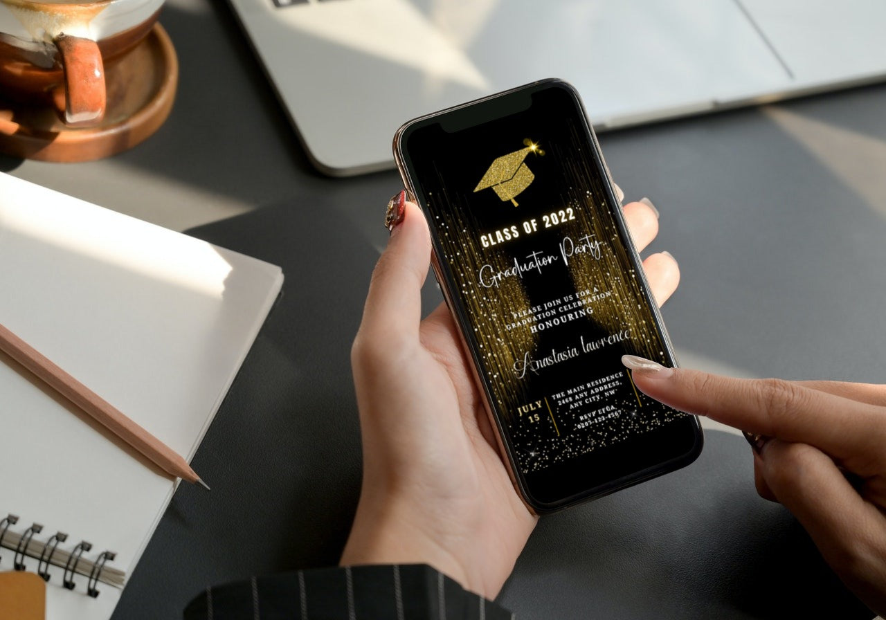 A person holding a phone displaying a customizable Gold Glitter Graduation Video Invitation template from URCordiallyInvited.