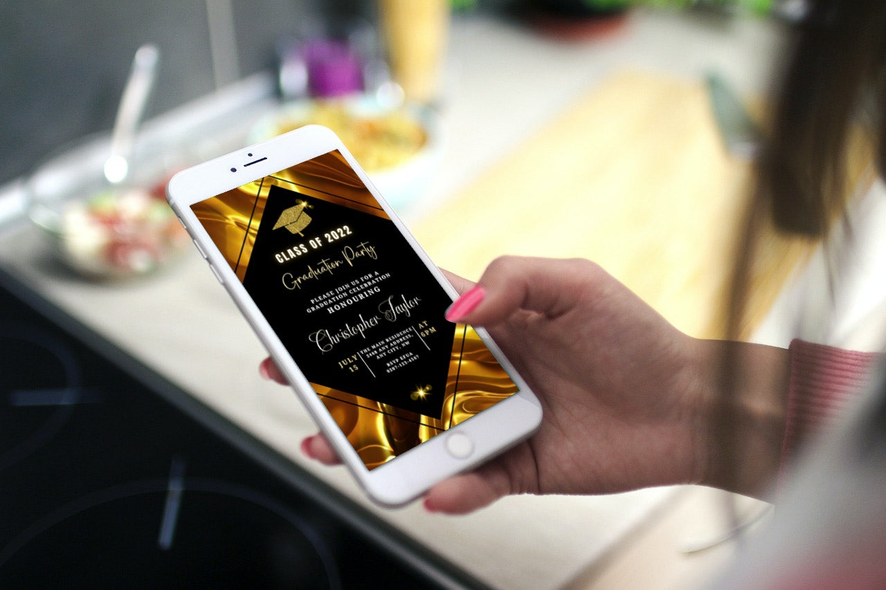 Hand holding a smartphone displaying a customizable Digital Gold Glitter Graduation Video Invitation template from URCordiallyInvited, ready for personalization and electronic sharing.