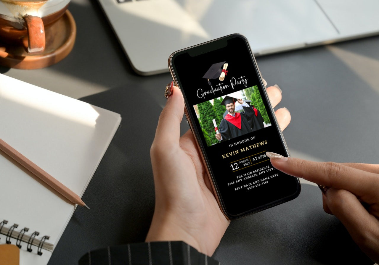 Person holding a phone displaying a digital invitation with a graduation cap and diploma, highlighting the Personalised Black & Gold Graduation Party Invitation template.