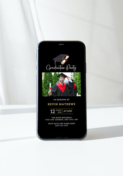 Personalised Black & Gold Graduation Party Invitation showing a man in graduation attire on a mobile phone screen, featuring customizable photo and text sections.