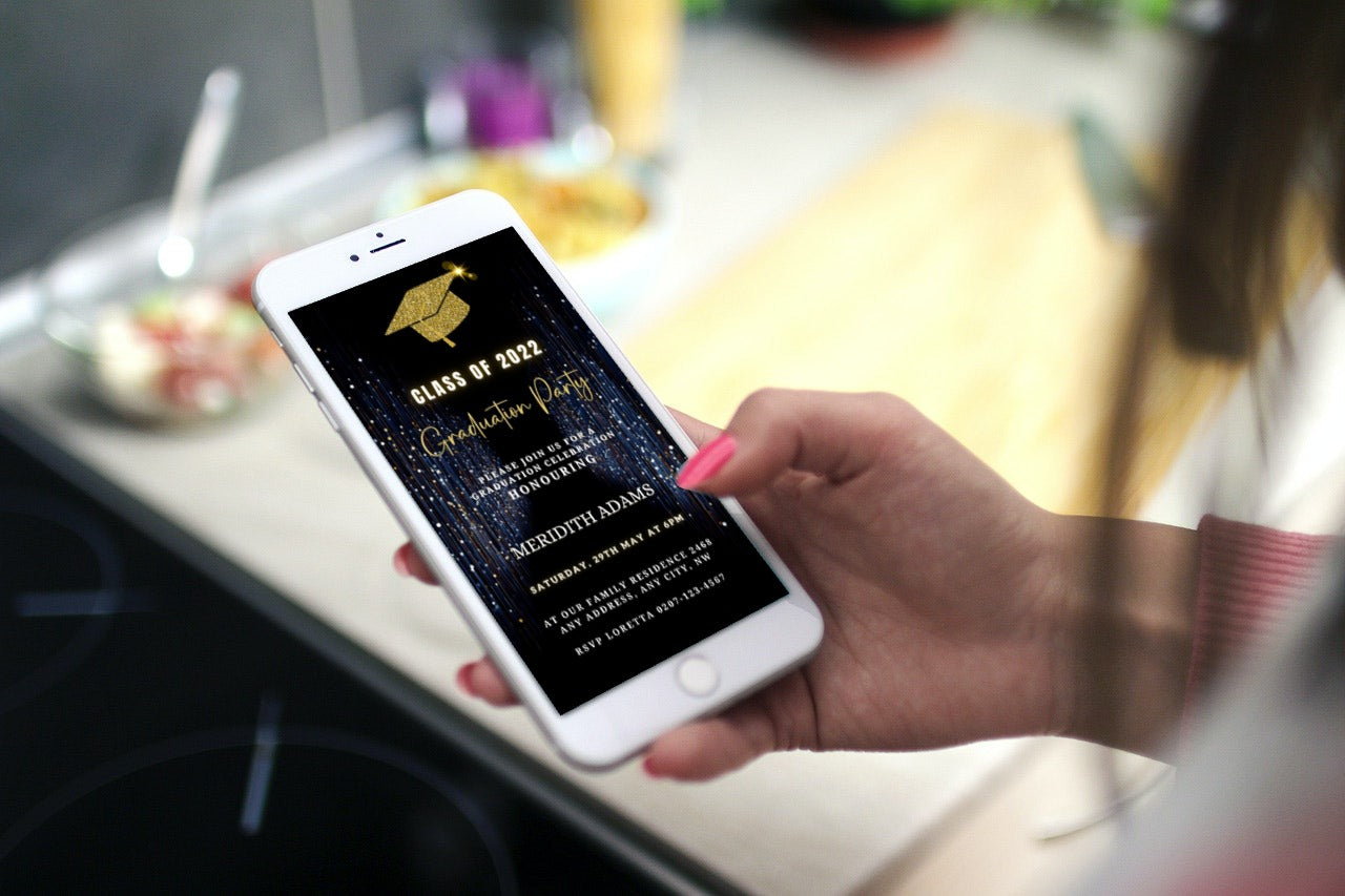 Hand holding a smartphone displaying a customizable Gold Navy Glitter Graduation Video Invitation template.