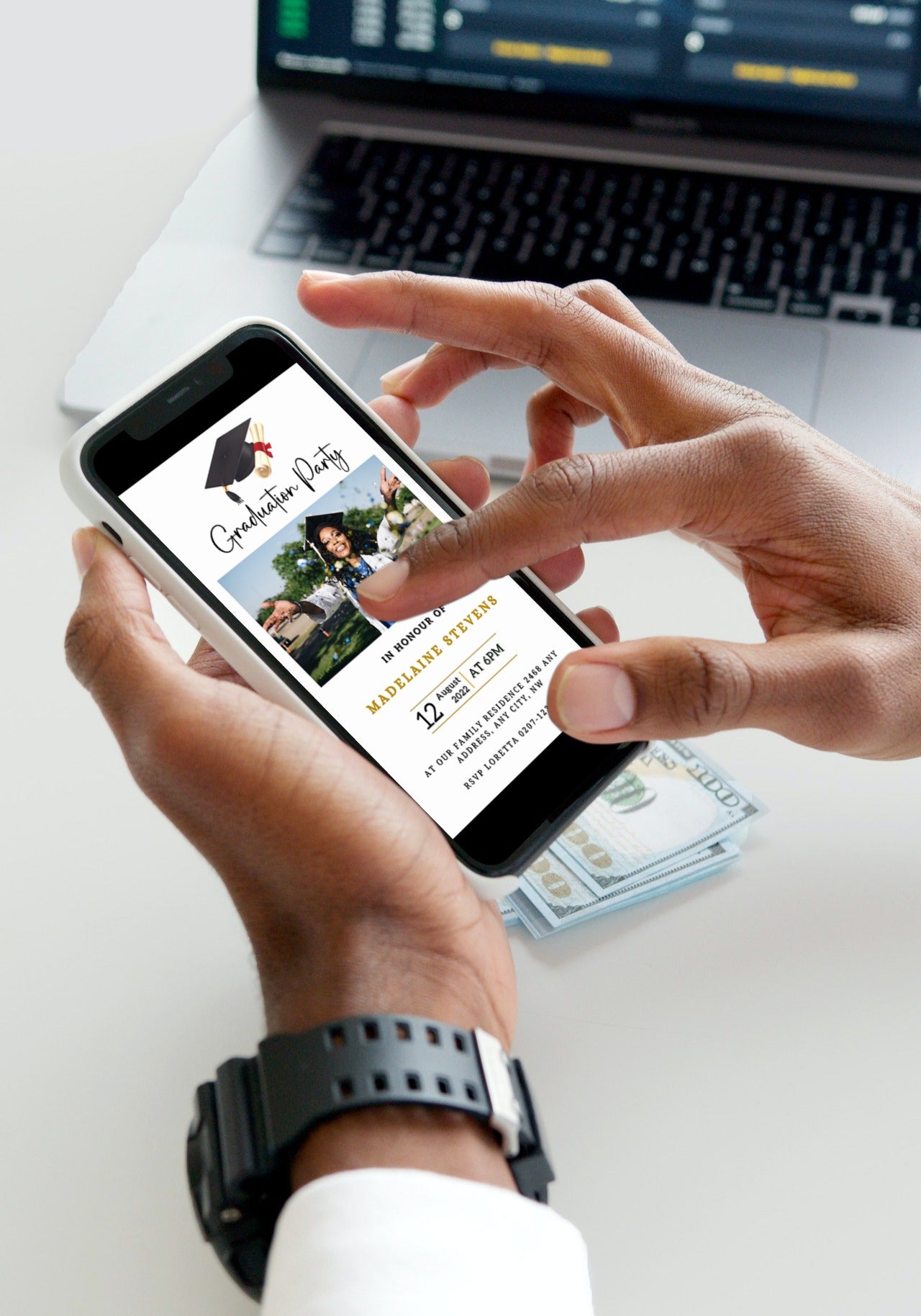 A person holds a cell phone displaying a customizable White & Gold Graduation Invitation, emphasizing a celebratory theme with sleek typography and glittering cap design.