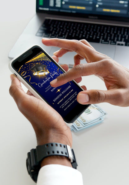 Blue & Gold Graduation Party Invitation template displayed on a phone, highlighting modern design and customization options via Canva for a memorable celebration.