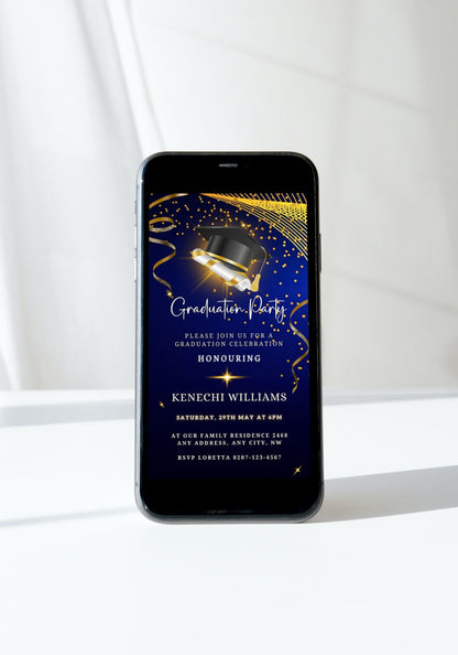 Blue & Gold Graduation Party Invitation on a smartphone screen, showcasing a graduation cap and diploma, ready for customization using Canva.