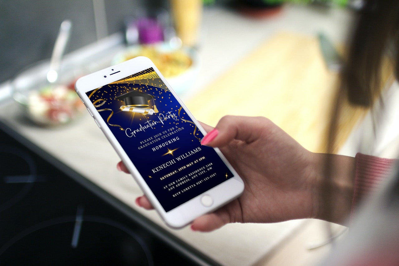 Hand holding a phone displaying the Blue & Gold Graduation Party Invitation - Customisable Template from URCordiallyInvited.