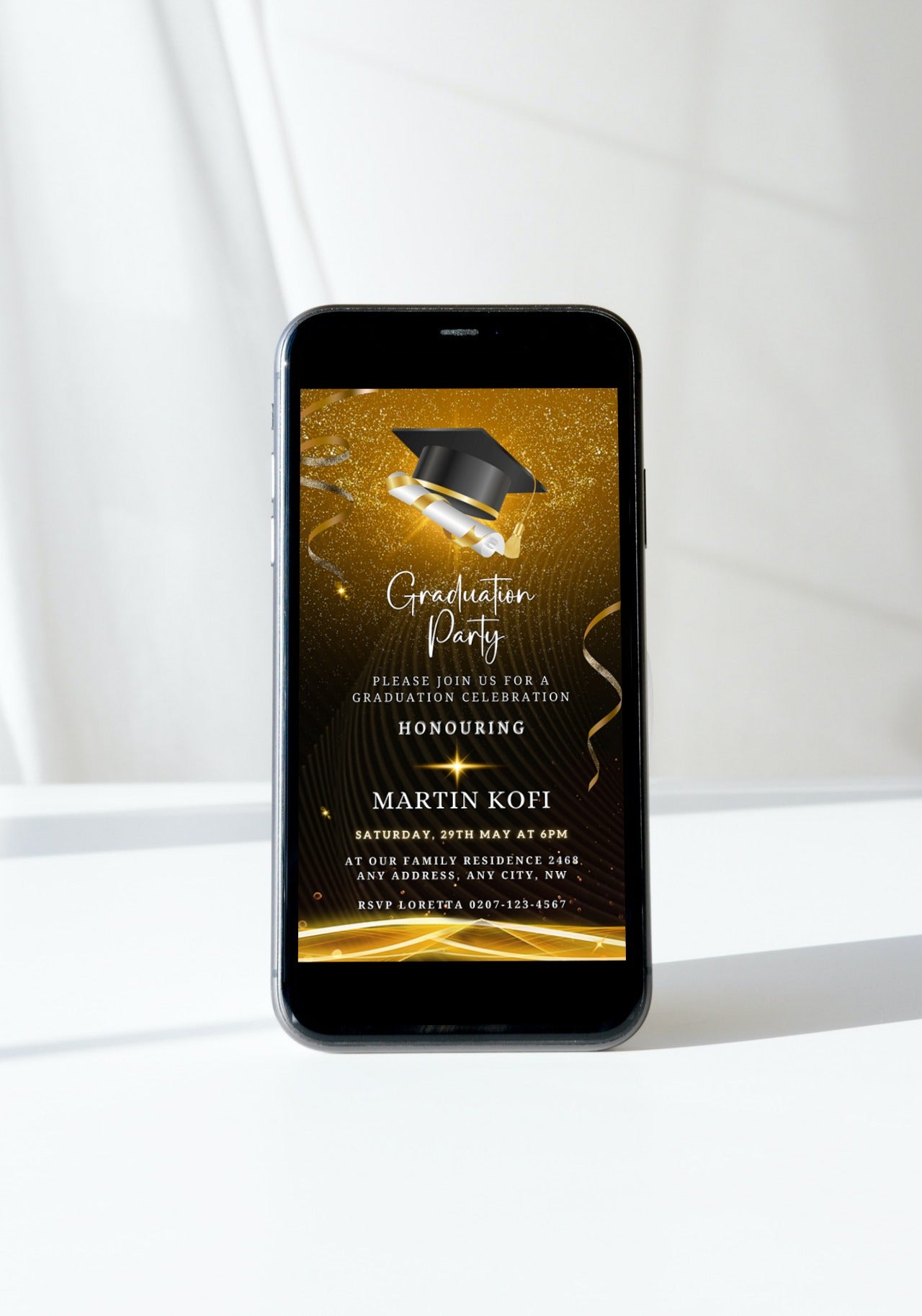 Gold Graduation Party Invitation - Customisable Template, featuring a cell phone screen displaying a graduation cap and diploma, symbolizing celebration and personalization with Canva.