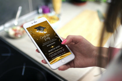 Hand holding a phone displaying a Gold Graduation Party Invitation template, customizable via Canva for digital sharing.