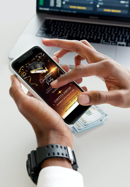 Person holding a smartphone displaying Elegant Brown & Gold Graduation Party Invitation, customizable via Canva with glitter, cap, and diploma design elements.