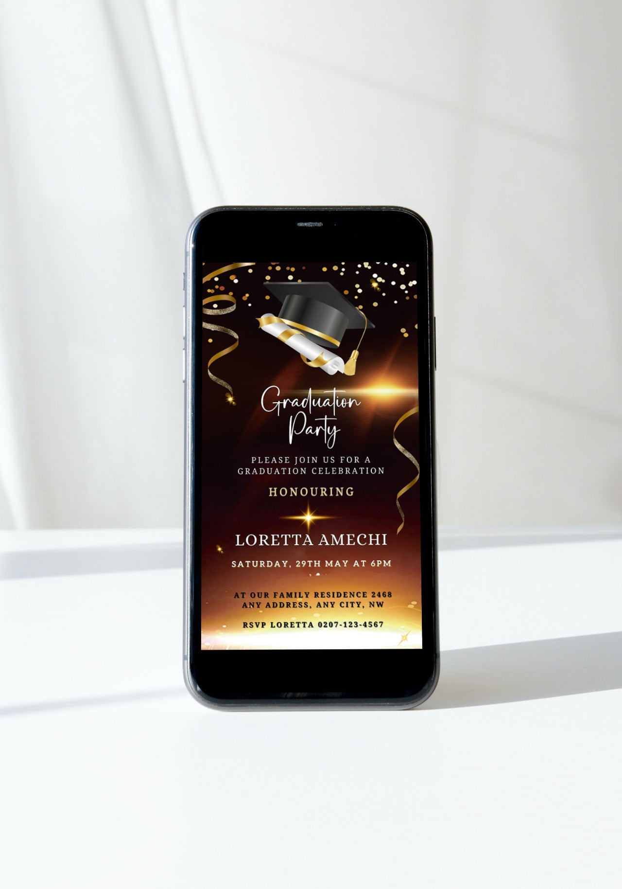 Elegant Brown & Gold Graduation Party Invitation featuring a cell phone displaying a graduation cap and diploma illustration, emphasizing customizable digital invitation templates via Canva.