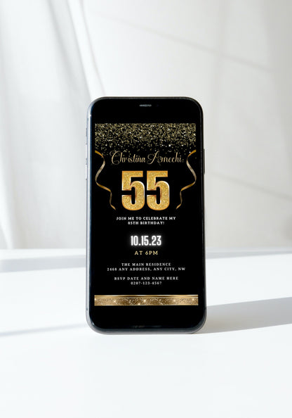Customisable Digital Black Gold Confetti 55th Birthday Evite displayed on a smartphone screen with gold text and festive ribbons.