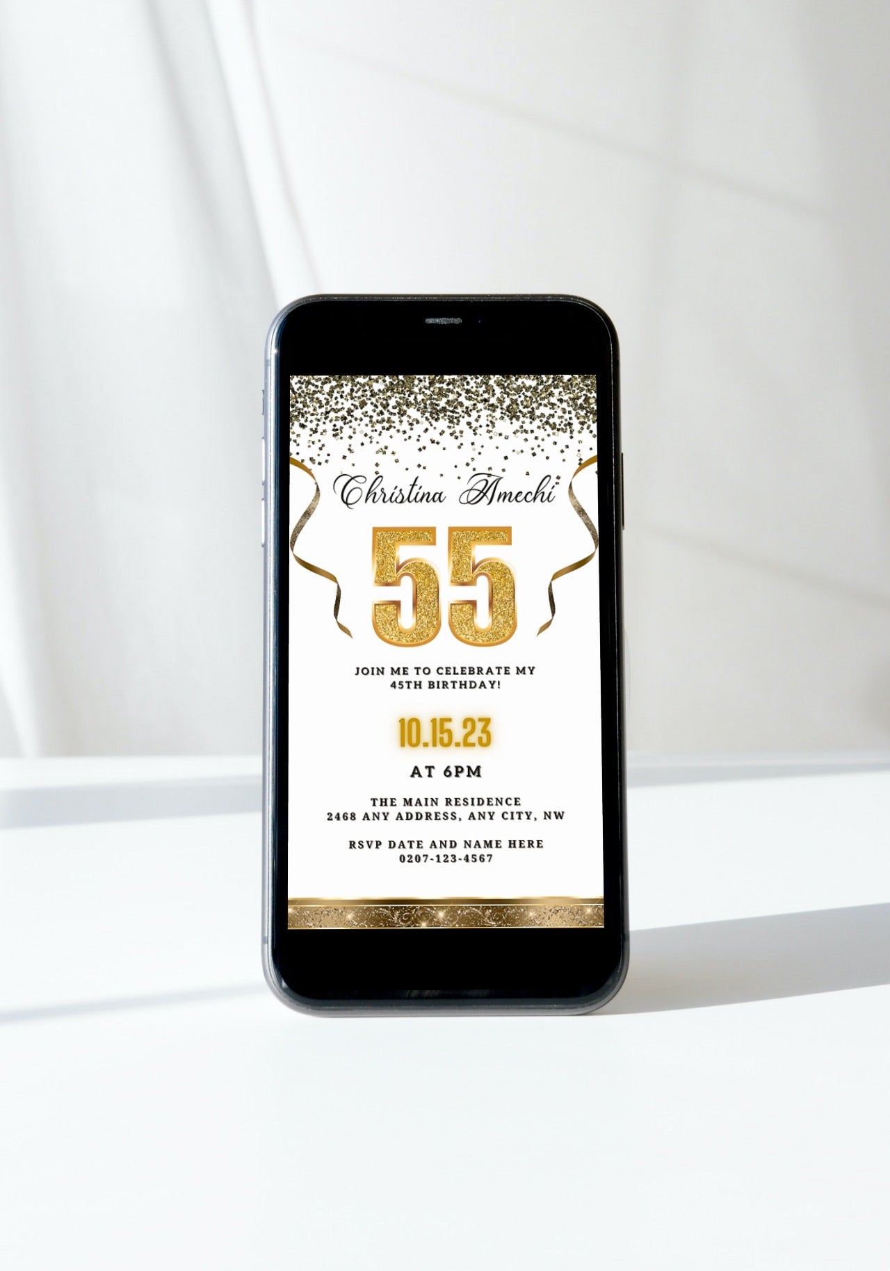 White Gold Confetti 55th Birthday Evite displayed on a smartphone screen, showcasing customizable digital invitation template with gold glitter accents and editable text.