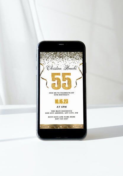 White Gold Confetti 55th Birthday Evite displayed on a smartphone screen, showcasing customizable digital invitation template with gold glitter accents and editable text.