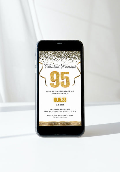 Smartphone displaying a customizable White Gold Confetti 95th Birthday Evite template, highlighting gold glitter text and invitation details for easy personalization via Canva.