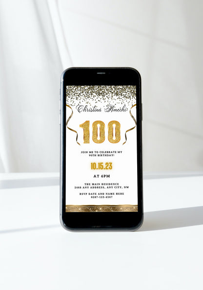 White Gold Confetti 100th Birthday Evite displayed on a smartphone, featuring gold text and decorative elements, customizable via Canva for digital sharing.