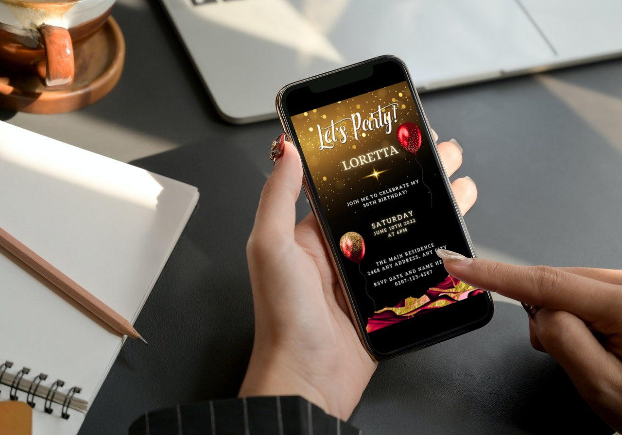 Person holding a smartphone displaying a customizable digital party invitation for Burgundy Gold Ankara Balloons, editable via Canva.