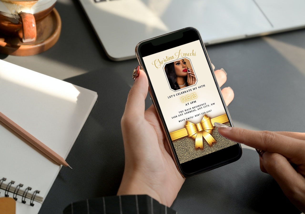 Person holding a phone displaying a customisable Beige Gold Leopard 40th Birthday Evite with a woman's photo.