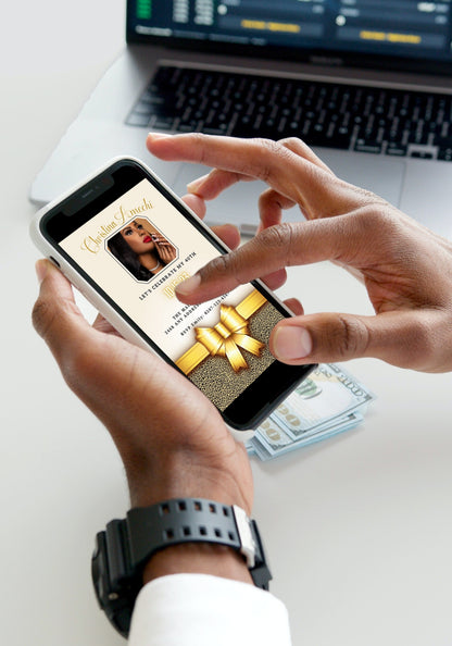 A person holding a phone displaying a customisable Beige Gold Leopard 40th Birthday Evite, ready to edit and send electronically.