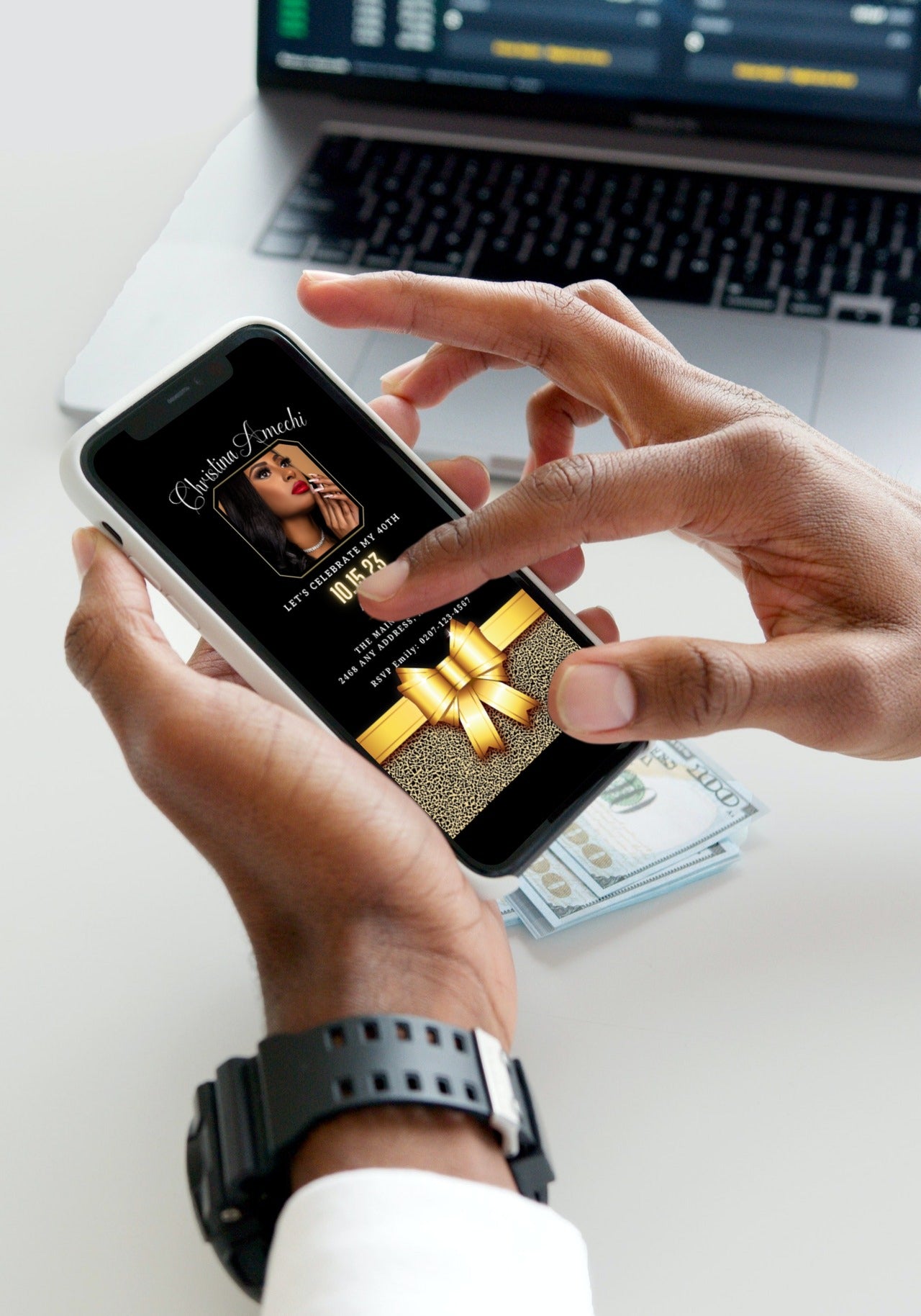 Person holding a smartphone displaying a customisable digital Black Gold Leopard 40th Birthday Evite, showcasing an invitation template editable via Canva.