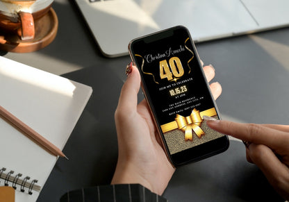 Person holding a smartphone displaying a customizable Black Gold Leopard 40th Birthday Evite template from URCordiallyInvited.