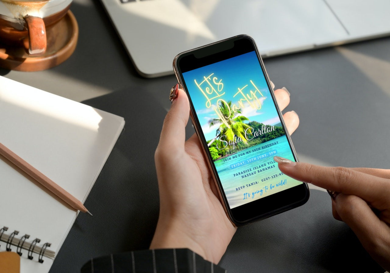 Person holding a smartphone displaying a customizable Beach Shore Island | Let's Party Video Invitation, showcasing a beach scene with palm trees.