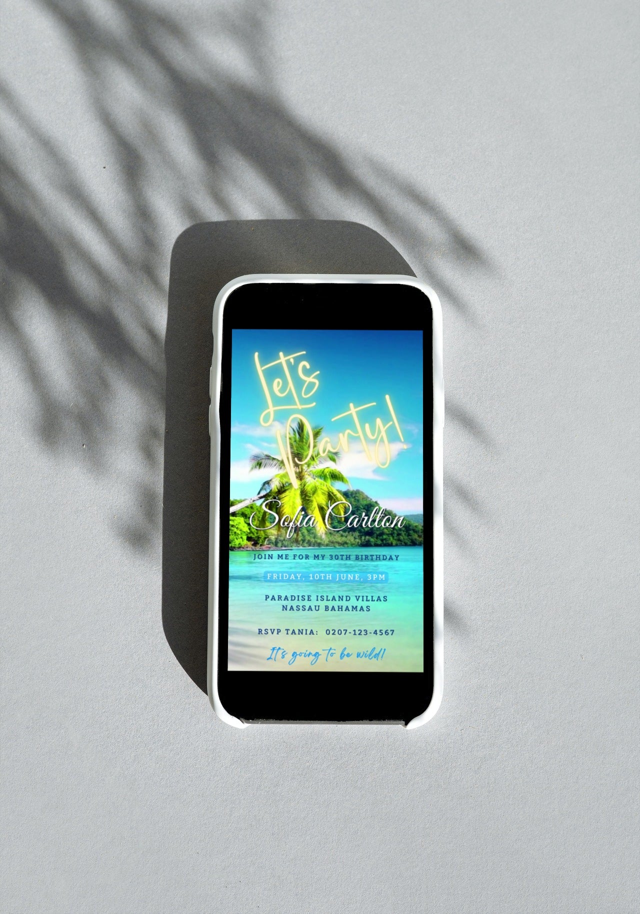 Beach Shore Island | Let's Party Video Invitation displayed on a smartphone screen with a beach and palm trees background. Ideal for customizable, eco-friendly digital invitations.