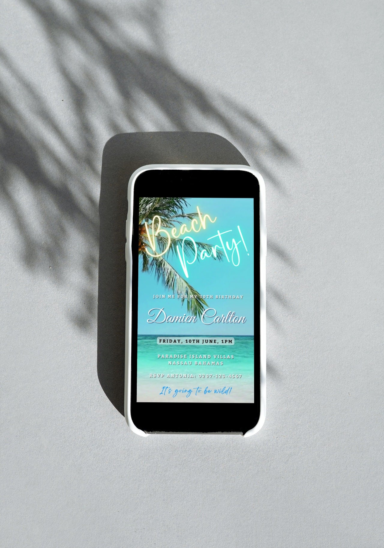 Palm Beach Shore | Party Video Invitation displayed on a smartphone screen, featuring a customizable beach party scene, editable via Canva for personalized event details.