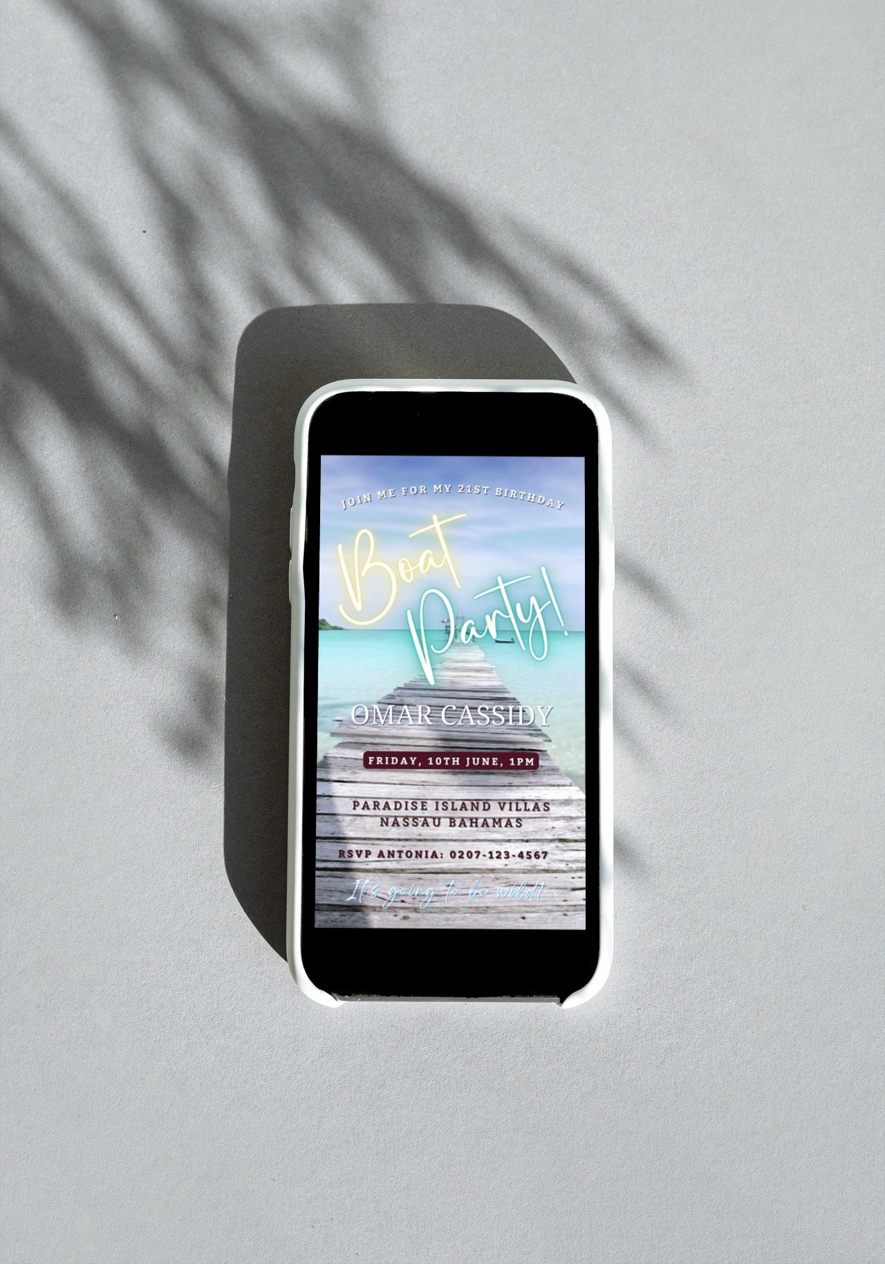 Smartphone displaying a customizable Digital Beach Boat Party Video Invitation template, ready for personalizing and sharing via various digital platforms.