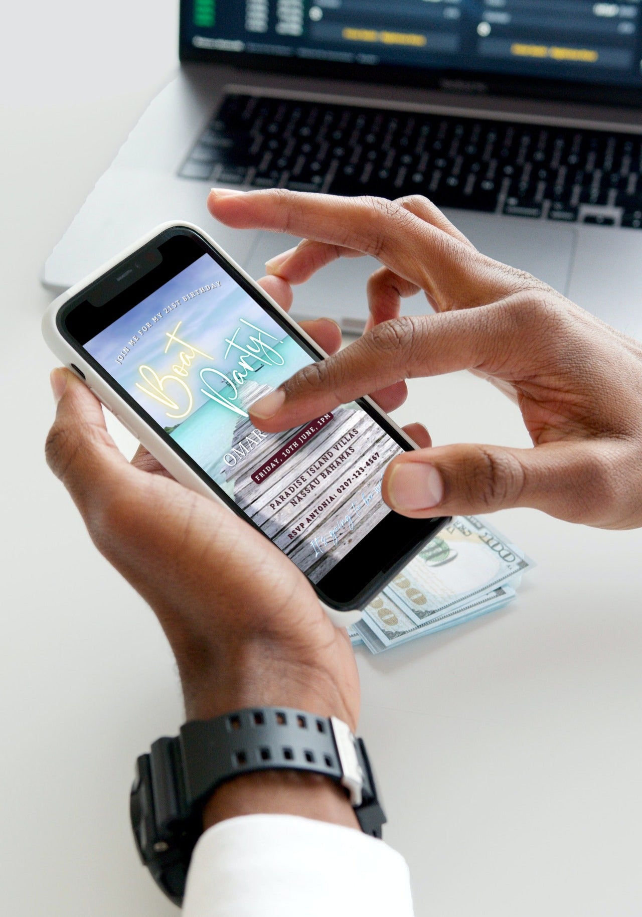 Person holding a phone displaying a customizable Beach Boat | Party Video Invitation template, ready for personalization via Canva for digital sharing.