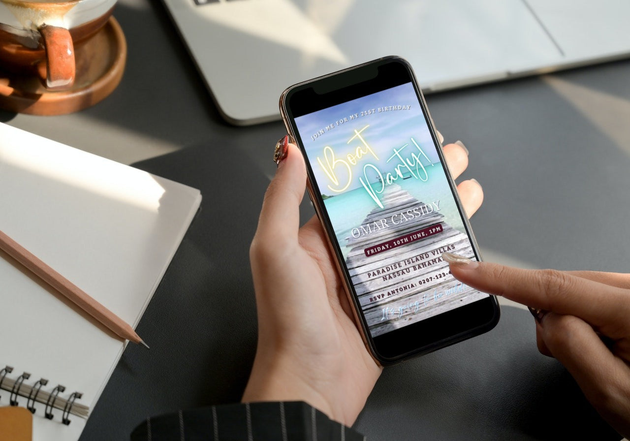 Person holding a smartphone displaying a customizable Beach Boat Party Video Invitation, available for instant download and personalization using Canva.