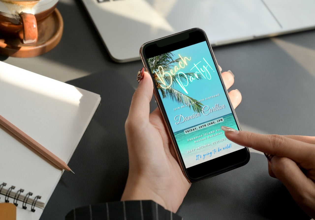 Person holding a phone displaying a customizable Palm Beach Shore party video invitation for smartphones, editable via Canva for easy sharing.