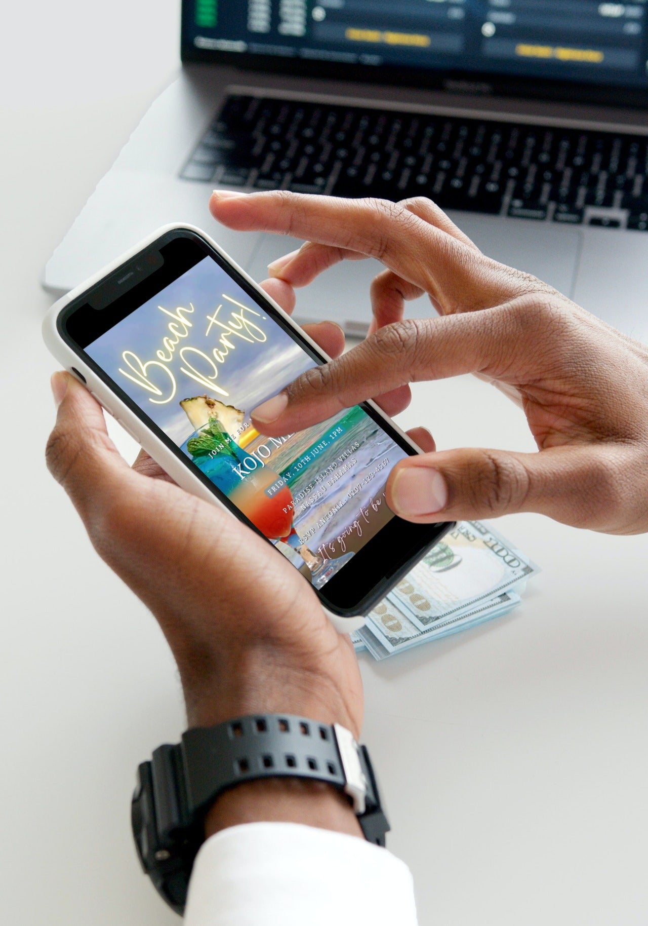 Person holding a smartphone displaying customizable Beach Ocean Sound Party Video Invitation template for editing and sharing via text, email, and social media.