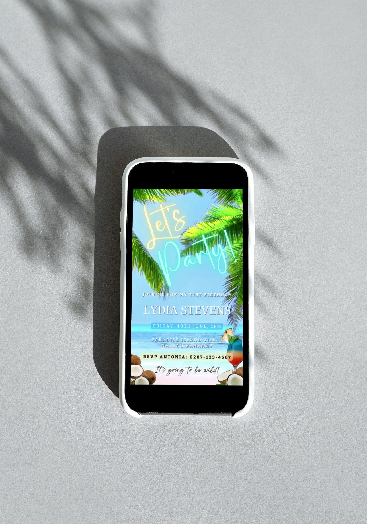 Smartphone displaying customizable Ocean Sound Palm Beach party video invitation template. Features editable text, music, and graphics for digital event invites via Canva.