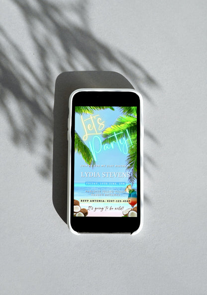 Smartphone displaying customizable Ocean Sound Palm Beach party video invitation template. Features editable text, music, and graphics for digital event invites via Canva.