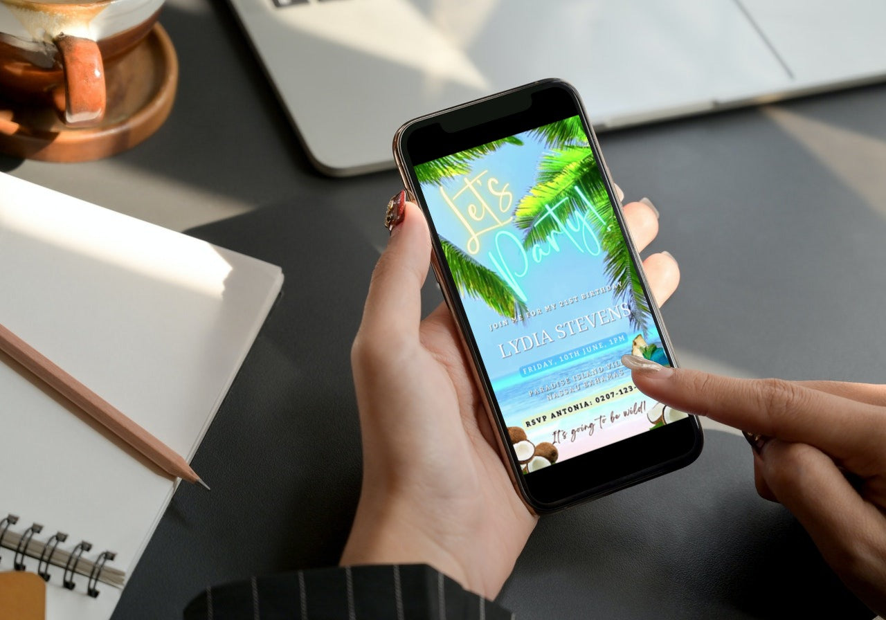 Person holding a smartphone displaying a customizable Ocean Sound Palm Beach Party Video Invitation template for personalizing and sharing via digital platforms.