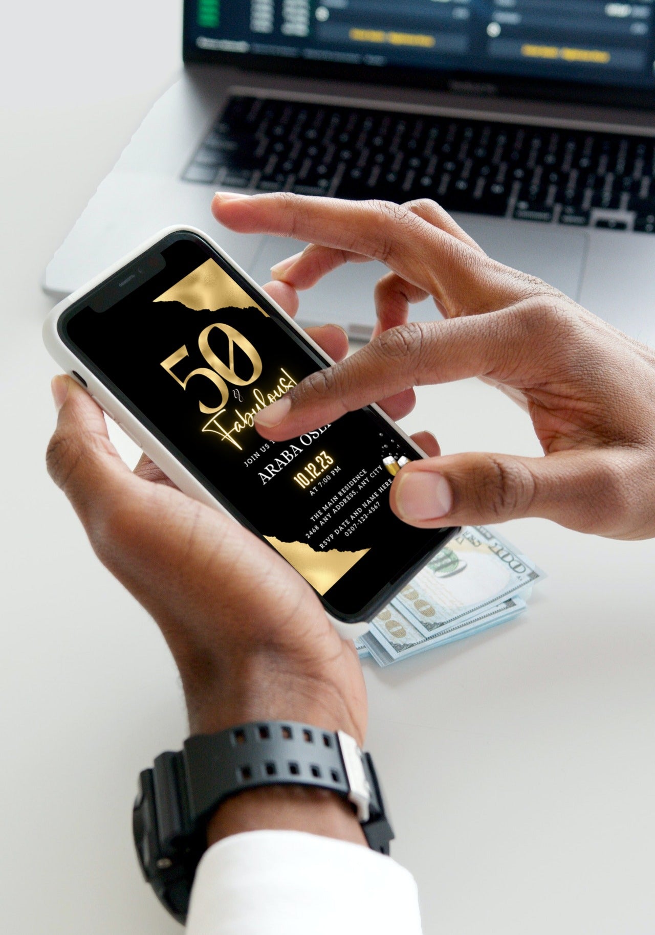 Person holding a smartphone displaying the customisable Gold Neon Black | 50 & Fabulous Party Evite, ready to be edited and shared via digital platforms.