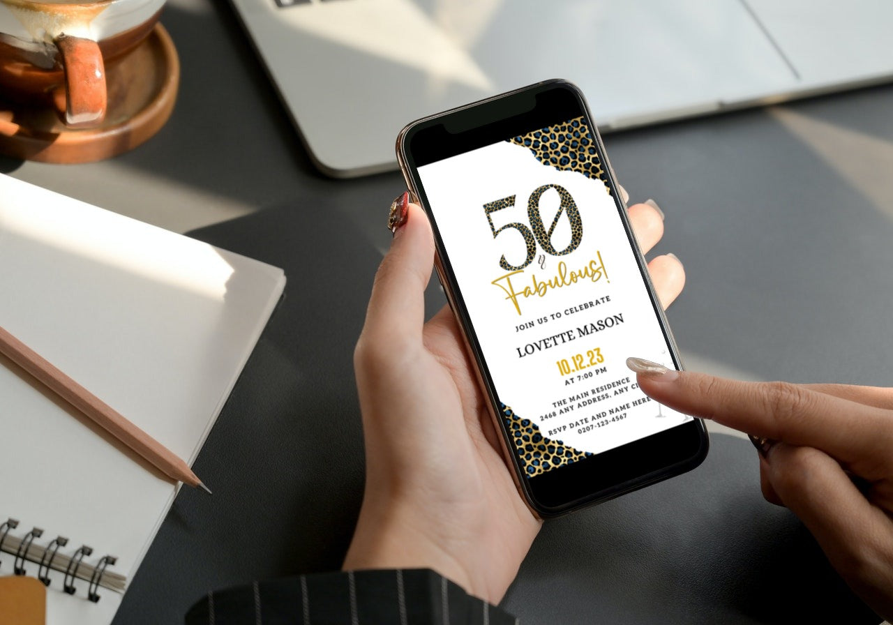 Person holding a phone displaying a Blue Gold Leopard | 50 & Fabulous Party Evite template, customizable via Canva for digital invitations.