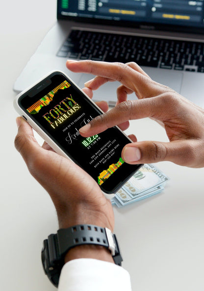 Person holding a smartphone displaying the Green Yellow Kente | 40 & Fabulous Party Evite, a customizable digital invitation template for events.