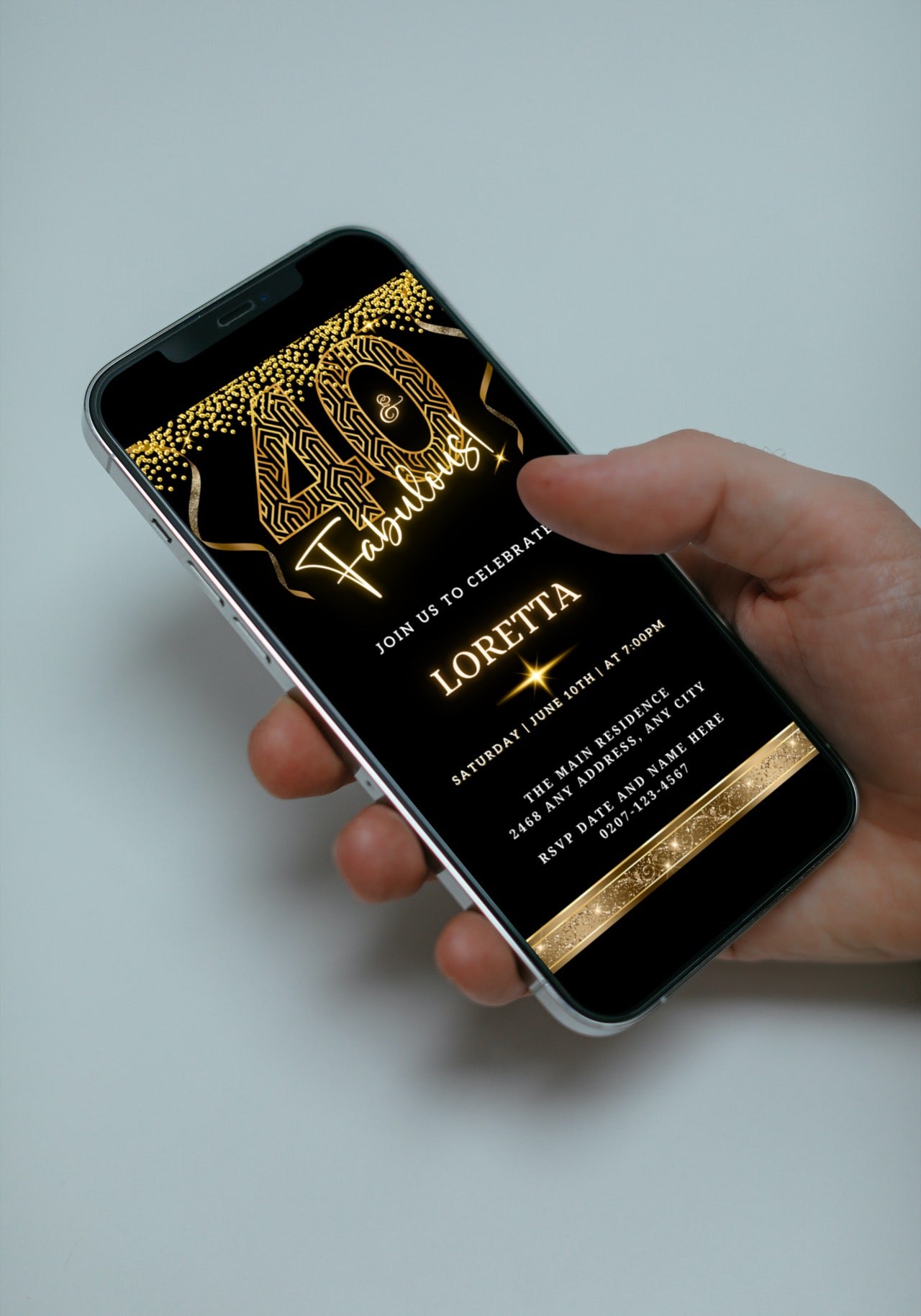Hand holding a smartphone displaying the Gold Neon Glitter Black | 40 & Fabulous Party Evite template.