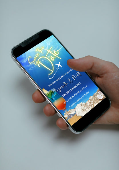 Hand holding a smartphone displaying an editable digital Blue Ocean Beach Destination | Save The Date Wedding Evite template for custom event invitations.