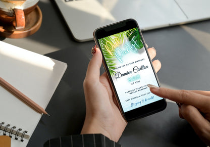 A person holding a smartphone displaying a customizable Digital Tropical Themed | Pool Party Invitation template from URCordiallyInvited.