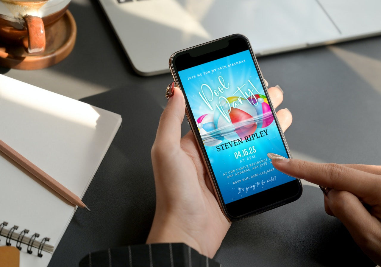 Person holding a smartphone displaying a customizable Digital Aqua Pool Party Invitation from URCordiallyInvited.