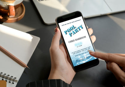 Person holding a phone displaying a Splash Swimming Pool | Digital Party Invitation, customizable via Canva for easy event personalization and electronic sharing.