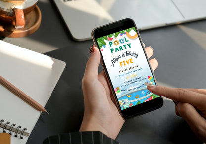 Person holding a smartphone displaying a Kids Birthday Pool Party digital invitation.