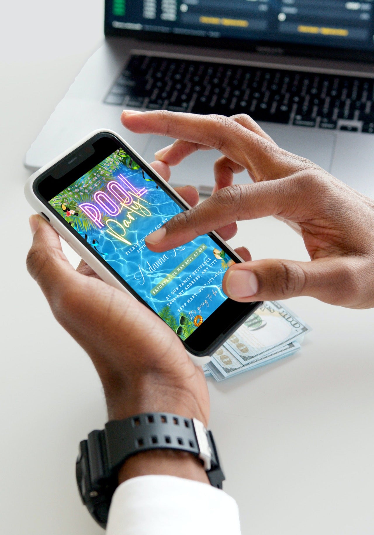 A hand holding a smartphone displaying a customizable Birthday Pool Party digital invitation template.