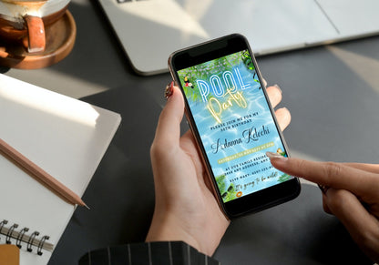 Person holding a smartphone displaying a customizable Digital Luau Pool Party Invitation, editable via Canva for easy event detail personalization and electronic sharing.