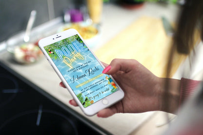 Hand holding a phone displaying a customizable Digital Luau Pool Party Invitation template from URCordiallyInvited.